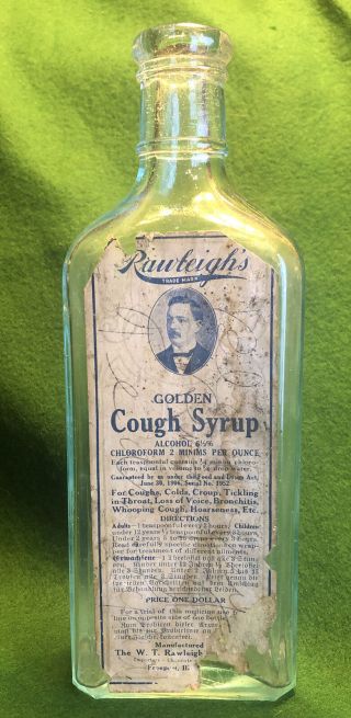 Vintage Rawleighs Golden Cough Syrup Apothecary Embossed Glass Pharmacy Bottle