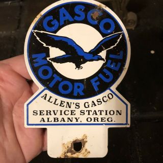 Vintage Allen’s Gasco Motor Fuel Metal License Plate Topper Sign