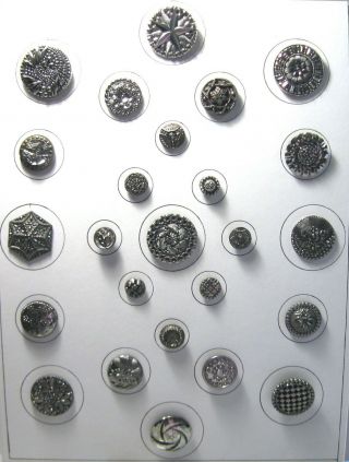 Card Of 25 Antique Vintage Black Glass Buttons With Silver Luster