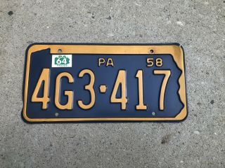 Vintage 1958 Pennsylvania Pa License Plate With 1964 Sticker Vanity Plate