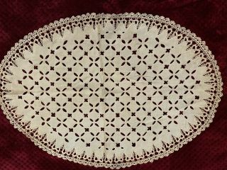 Antique French Doily - Handmade Embroidery With A Bobbin Lace Edging
