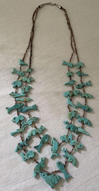 Vintage Native American Bird Animal Fetish Necklace 2 Strand Carved Turquoise