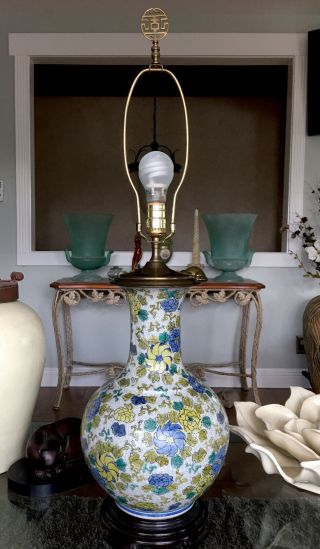 Vintage Asian Blue Yellow Green Floral Ceramic Vase Urn Table Lamp Crackle Glaze