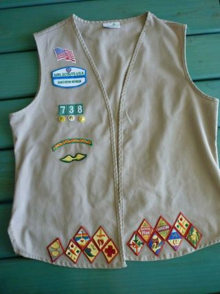 Girl Scouts Usa Beige/tan Vest With Badges Pins And Patches Size Large