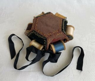 Antique Vintage Crazy Quilt Sewing Pin Cushion Thread Holder Embroidery Velvet