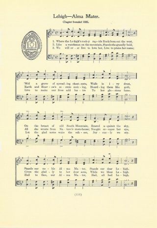 Lehigh University Vintage School Song W Seal C 1937 " Alma Mater "