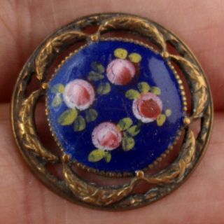 7/8 " Antique Cast Brass Enameled Button W Hand Painted Enamel Flowers