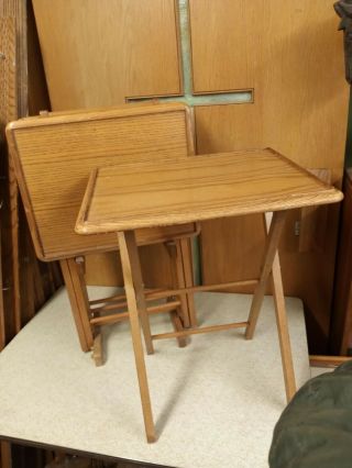 Solid Oak Folding Tv Tray Set With Storage Stand - Vintage