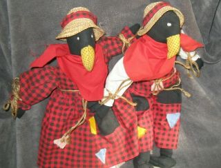 Set Of 2 Boy & Girl Soft Sculptured Crows Black Birds In Red Checked Outfits And