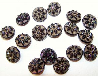 Set Of 17 Matching Antique Black Glass Buttons W Iridescence