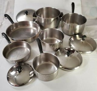 Vintage Farberware Aluminum Clad Stainless Steel 10 Piece Set W/ Lids Pots Pans