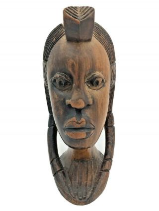 Vintage Carved Wood African Bust Sculpture Woman W Braids Statue Tribal Art 10 "