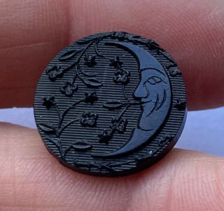 Antique Vintage Carved Horn Picture Button Man In Moon With Flowers 3/4”