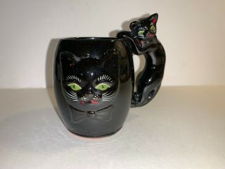 1950s Black Cat Halloween Mug Cup Hand Painted Japan Redware Pottery Shafford?