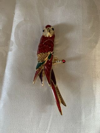 Stunning Vintage Bob Mackie “polly Wanna Cocktail” Rhinestone Red Parrot Pin 75