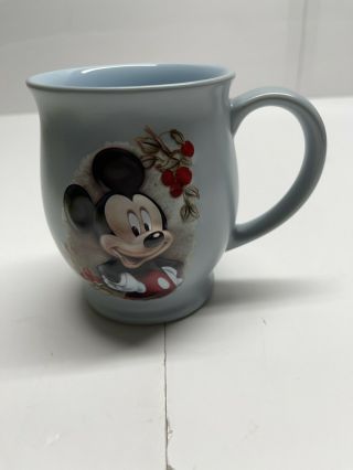Disney Store Mickey Mouse Mug 3d Raised Red Flowers Berries Blue Ceramic Coffee