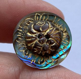 Antique Vintage Carved Abalone Shell Button With Incised Gold Luster 3/4”