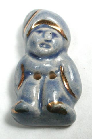 Vintage French Ceramic Button Blue Gnome Realistic Design 1 "