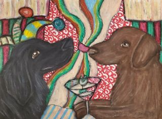 Flat Coated Retriever Jester Drinking A Martini 4 X 6 Dog Art Print Artist Ksams