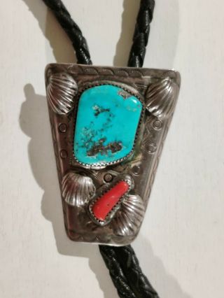 Vintage Bolo Tie Turqoise And Coral Sterling Silver Tip Braided Leather Cord 50s