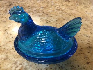 Glass Blue Mini Hen Chicken On A Nest Basket Blue Salt Cellar Dip - 3”