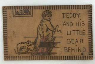 1907 Teddy Roosevelt Bear Behind Toy Leather Postcard Political President