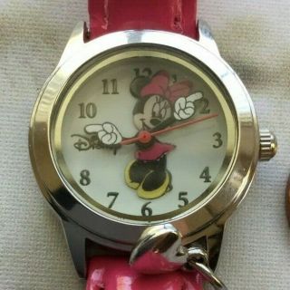 Disney Minnie Mouse Ladies Watch Pink Leather Band Heart Charm Battery