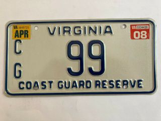 2008 Virginia License Plate Coast Guard Reserve Low Repeating Number 99