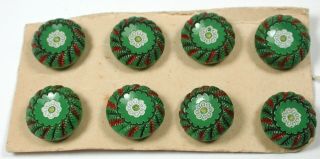 8 Vintage Glass Buttons Green With Painted Accents - 1/2 "