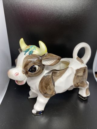 Vintage Adorable Porcelain Brown White Cow Creamer Painted Flowers Floral