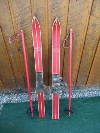 Vintage Wooden Skis 35 " Long W/ Leather Bindings Bamboo Pole Signed Lucky Clover