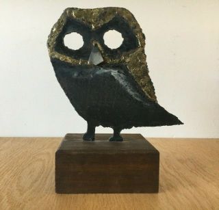 Vintage Mid Century Owl Figure Brutalist Metal Brass Sculpture Folk Art Handmade