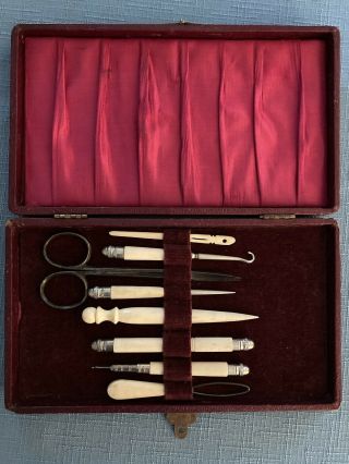 Antique Vintage Cased Sewing Set Etui Kit 8 Tools,  Scissors,  Bone