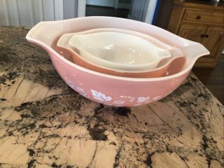 Vintage Set Of 3 Pyrex Pink Gooseberry Cinderella 441,  442,  444 Nest/mixing Bowls