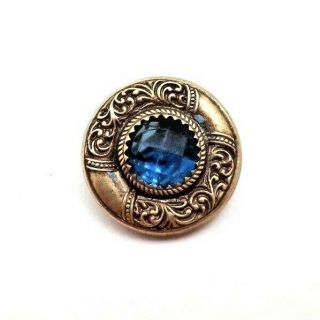 Small Antique Metal Button,  Ornate Brass Border With Blue Faceted Glass Jewel