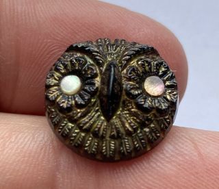 Antique Vintage Victorian Black Glass Picture Button Owl With Mop Shell Eyes