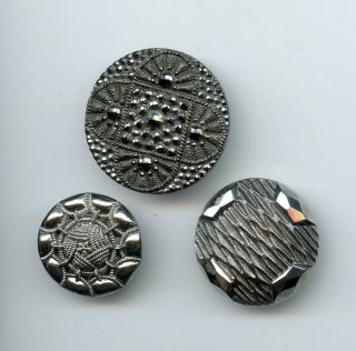3 Incredible Black Glass Buttons - - Covered W/silver Luster - - Designs - - 1 1/4 " - 7/8 "