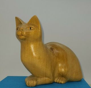 Hand Carved Cat Wood Statue Wooden Figurine Folk Art 4.  5 " H X 5 " L X 2.  25 " W