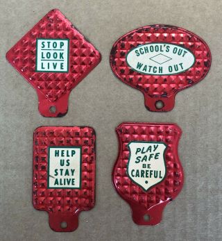 4 Vintage Pressed Tin Bicycle License Plate Toppers