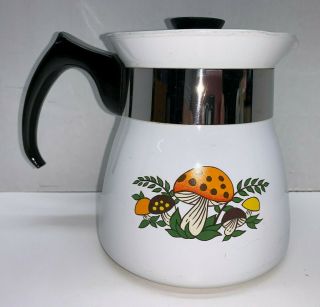 Rare Htf Vintage Corningware Merry Mushroom 6 Cup Teapot; Mcm Brown Orange Green