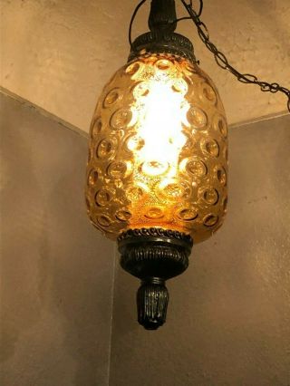 Vintage Amber Glass Hanging Light Chain Swag Lamp Pendant Mid Century Mcm Large