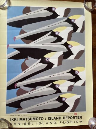 Ikki Matsumoto: Vintage Island Reporter Poster 1987,  " Brown Pelicans On Parade "
