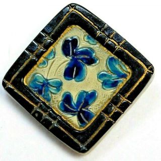 Antique Vtg Button Large Square Painted Celluloid With Blue Clovers K3