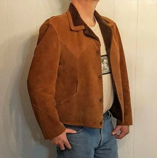 Pioneer Wear Suede Leather Jacket Vtg Sherpa Lined Mens Western Ranch Coat