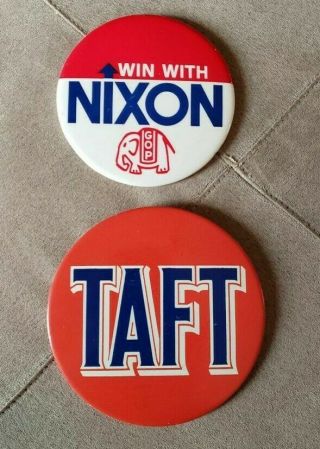 Vtg 1940s Cello Taft Button Political Pin 4 " & Win With Nixon Button 1960s Gop
