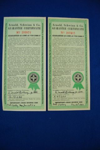 2 Vintage Arnold,  Schwinn & Co Registration Card Guarantee Certificate Card 1950s