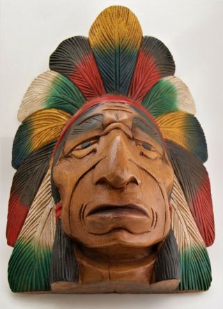 Vintage Wooden Hand Carved Cigar Store Indian Head Kaw - Liga