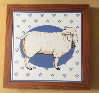 Vintage Ceramic Tile White Sheep Stencil Pattern Trivet Or Wall Hanging