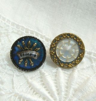 2 Antique Metal & Mother Of Pearl Center Buttons 9/16 "