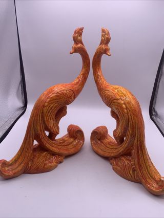 Mid Century Modern Orange Glazed Ceramic Bird Peacock Bird Vintage 14”